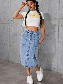 Falda midi elástica con botones delanteros de estilo elegante de moda para mujer - Lavado ligero - Ver 1