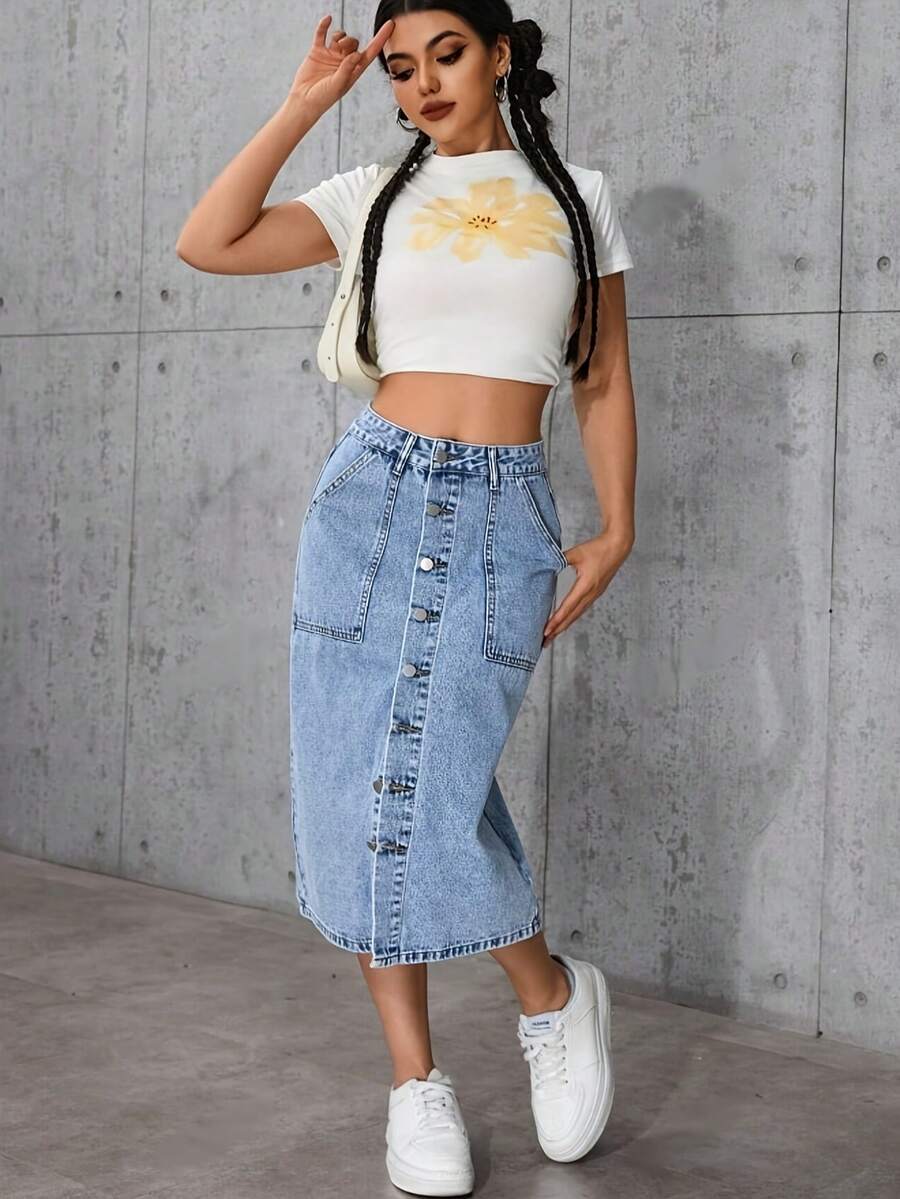 Falda midi elástica con botones delanteros de estilo elegante de moda para mujer - Lavado ligero - Ver 1