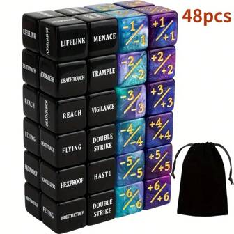 48pcs English MTG Ability Keyword Counters, Colorful Dice Set With Storage Bag - Card Game Accessories, Magic Party Dice Collection