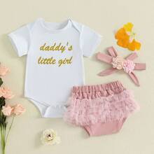Newborn Baby Girl Daddys Girl Outfit Short Sleeve Romper Tulle Pant Cute Flower Headband 3Pcs Coming Home Outfits Clothes Set - Daddys Little Girl - 查看 3