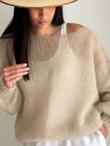 Loose Fit Women Pullover Sweaters, Lightweight Breathable Sheer Shoulder Design Solid Color Mohair Knitted Open Weave Casual Minimalist Style, Versatile To Pair With Camisoles For Dates, Photoshoots, Spring And Autumn - Earthy Apricot Color - View 1