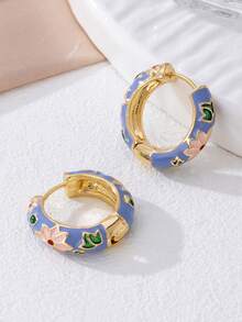 一对复古印花圈形耳环，经典釉面花卉图案耳环，适合女性日常佩戴，也是送给朋友的礼物。 - 彩色 - 查看 13