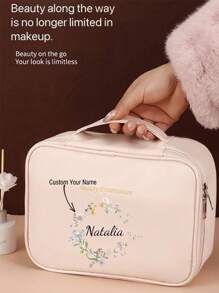 1pc Personalized Floral & Name Design Large Capacity Detachable Makeup Bag, With Free Compartments For Washing & Trimming, Waterproof Portable Organizer Bag With Separate Sections