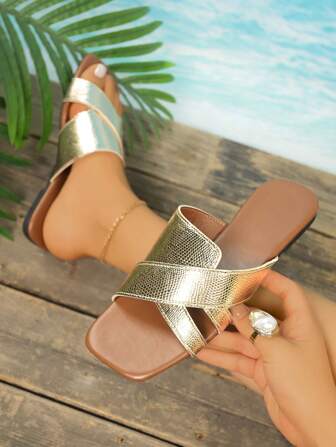 Women's New Slip-On Gold Sandals With Bohemian Style, Suitable For Outdoor Travel, Holiday, Indoor Home, Flat Square Toe, Lightweight, Breathable, Non-Slip Open-Toe Slippers, Spring/Summer