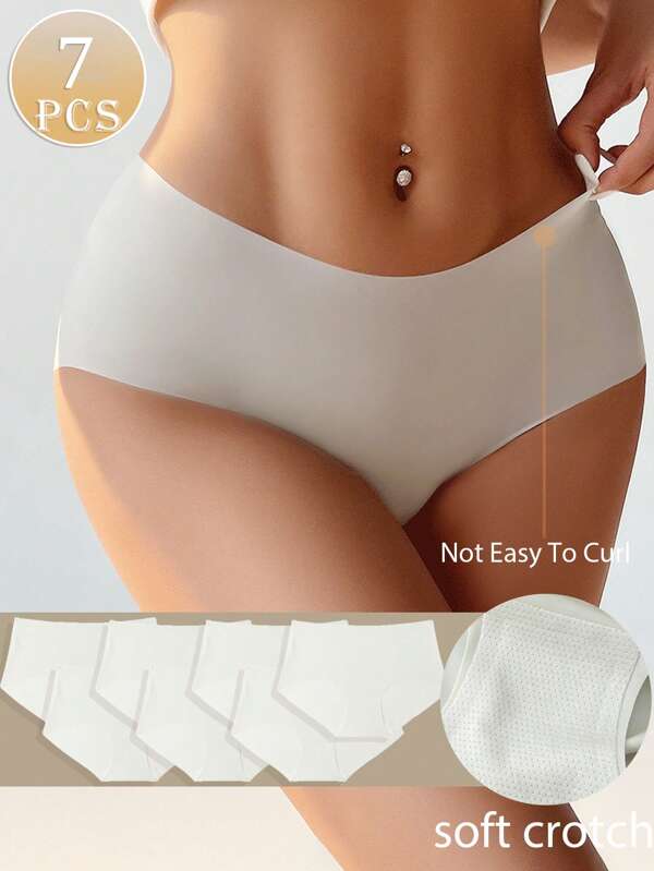 7PCS Ice Silk Seamless Panties For Women Underwear Low Waist Traceless White Solid Briefs Summer Thin Soft Briefs Elastic Short Shorts Comfortable Breathable Crotch Panties Female Underpants