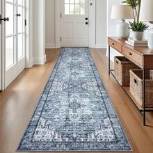 2.6x12 Blue Washable Rug For Entrance, Soft Printed Area Rug, Non-Slip Kitchen Rugs, Low-Pile Medallion Indoor Door Mat, Small Farmhouse Carpet For Entryway Kitchen Foyer Bedside - 白色 - 查看 1