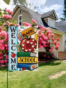 1pc Vivid "Back To School" Garden Flag - Colorful School Theme Design With Book, Pencil, And Apple Patterns, Durable Linen Material, Perfect For School Theme Decoration, Outdoor Courtyard Decoration, Porch, Yard, Backyard Decoration | Festival Flag Design | Waterproof Flag, Outdoor Garden Flag | Back To School Season Decoration, Excluding Flagpoles