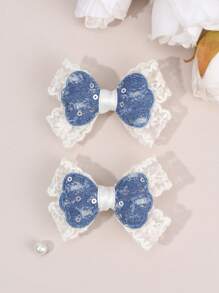 2 piezas Lazos de pelo de encaje y denim para niñas - Lazos de encaje beige con pinzas de cocodrilo, lazos de denim azul con lentejuelas - Elegantes pinzas de lazo para bodas, vacaciones, accesorios de pelo para niños