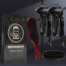 4 In 1 360 Waves Brush Kit For Men & Women, Wave Brush Silky Durag Wave Cap Set - Including 2pcs Durag Caps & Brush With Wooden Handle, Silky Shine & Training, Curved Brush, Durag Cap Set, Du-Rag Extra Long Tails
