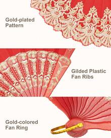 Handheld Chinese Folding Fan Hand Fans For Women Foldable Bulk For Party Wedding Church Dancing (Red) - Redwood - View 2
