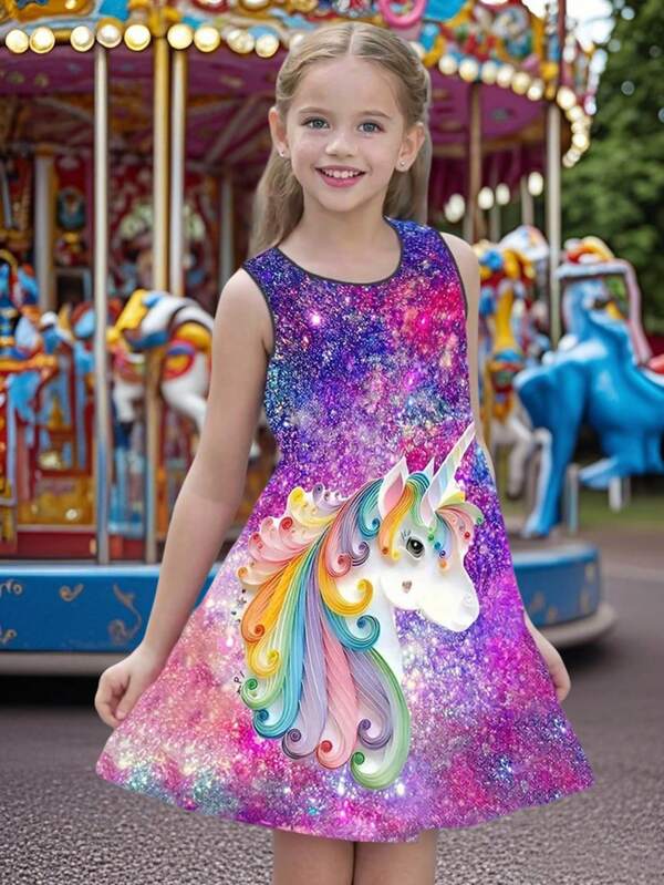 Tween Girls Casual Unicorn & Starry Sky 3D Print Dress, Suitable For Holiday, Photography, Daily Wear, Summer