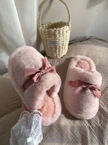 XIXITIAO Najlepiej sprzedające się damskie kapcie wsuwane z kokardką, miękka, gruba podeszwa, puszyste, w stylu słodkiej dziewczyny, odpowiednie do domu i biura, różowe, wygodne kapcie, jesień/zima - Różowy - Zobacz 4