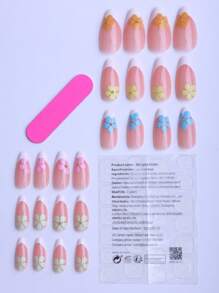 24 piezas de uñas postizas cortas de almendra en diversos colores con estampados florales y cuentas de acero pequeñas, uñas francesas blancas falsas adecuadas para uso diario, oficina, citas, clásicas y sencillas, apropiadas para mujeres y niñas, uñas lindas con pegamento de gelatina, 1 pieza de lima