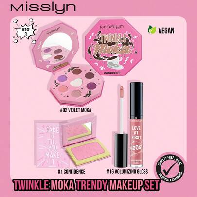  MISSLYN-Twinkle Moka彩妆套装，Twinkle Moka眼影盘，FAKE IT TILL YOU MAKE IT腮红粉，Love At First Boost丰盈唇彩，保湿唇彩，带镜子的哑光腮红粉，眼影盘，眼影盘，圣诞节，Y2K，派对妆容，7色眼影，哑光和珠光质地眼影