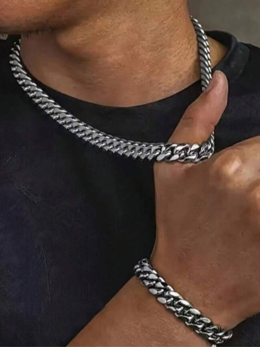 Stainless Steel Necklace And Bracelet Set For Men, Suitable For Daily Wear - Silver - View 1