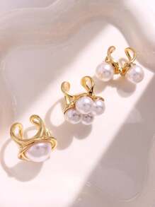 Conjunto de 3 anéis elegantes, vintage, brilhantes, exclusivos, de luxo, com pérolas douradas, versáteis para o dia a dia, festas, deslocamentos, feriados, joias finas para mulheres