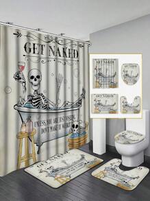 1/4 Stück lustiges Skelett Muster Badezimmer Dekor Set, Skelett liegt in Badewanne mit Schrift Design, wasserdichter Duschvorhang mit 12 Haken, rutschfeste Badvorlage, U-förmige Toilettenvorlage, Toilette-Sitz Abdeckung, tolles Geschenk für sich selbst, Freunde und Familie zum Schulbeginn