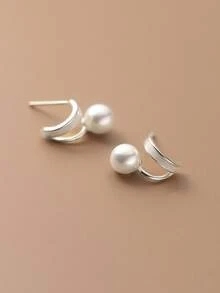 BALMORA 1 par de pendientes de plata de ley 925 con perlas en forma de arco y doble capa, adecuados para niñas/mujeres/novias/madres, regalo vintage para fiestas/citas, presente de cumpleaños para uso diario - Plateado - Ver 3