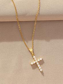 Rhinestone Cross Pendant Necklace - Yellow Gold - View 2