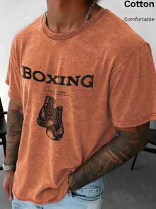 Men's Casual Round Neck T-Shirt With Cool Boxing Glory Slogan, Breathable Slim Fit Tee, Orange-Red Short Sleeve Top For Spring/Summer - Orange Red - View 2