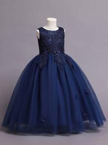 Flower Girl Dress Lace Bridesmaid Dress Kid Wedding Ball Gown Toddler Princess Pageant Evening Dresses - 藏蓝色 - 查看 3