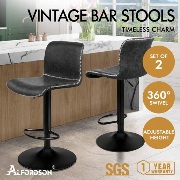 ALFORDSON Juego de 2 taburetes de bar vintage giratorios, altura ajustable, sillas de bar con respaldo para cocina, giratorios, resorte de gas, marrón