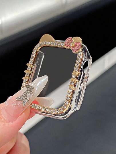 1pc Cartoon Pattern Bling Cute Cat Ears Case Crystal Rhinestone Bumper Overall Hard PC Ultra Protective Cover, Compatible For Apple Watch Case With Tempered Glass Screen Protector, Compatible With Apple Watch 40/41/42/44/45/46mm, Compatible With Apple Watch Series SE/10/9/8/7/6/5/4, Gold