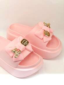 Revreal Black Platform Slides with Bow Accent可愛基本款沙灘Casual休閒Outdoor戶外 - 粉色 - 查看 3