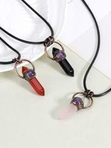 1pc Retro Hexagonal Pointed Pendant Necklace Vintage Natural Semi-Precous Stone Tiger Eye Amethysts Aventurine Quartz Jewelry H664