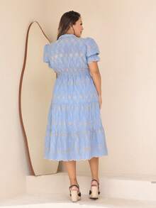 Women's Midi Dress With Embroidered Laise All-Over Print Embroidery Button Ruffles Gathered Formal And Evening - Baby Blue Two-tone - View 3