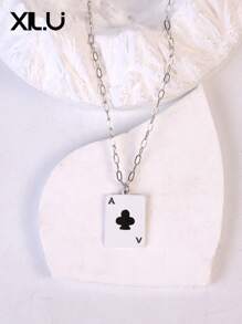 1pc Poker Card & Turquoise Enamel Pendant Necklace For Women, European & American Design