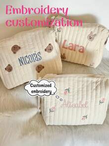 Personalized Large Capacity Custom Embroidery Mommy Bag, Cute Bear Pattern Diaper Bottle Carrier Tote With Stroller Hook For New Moms - Multicolor - View 1