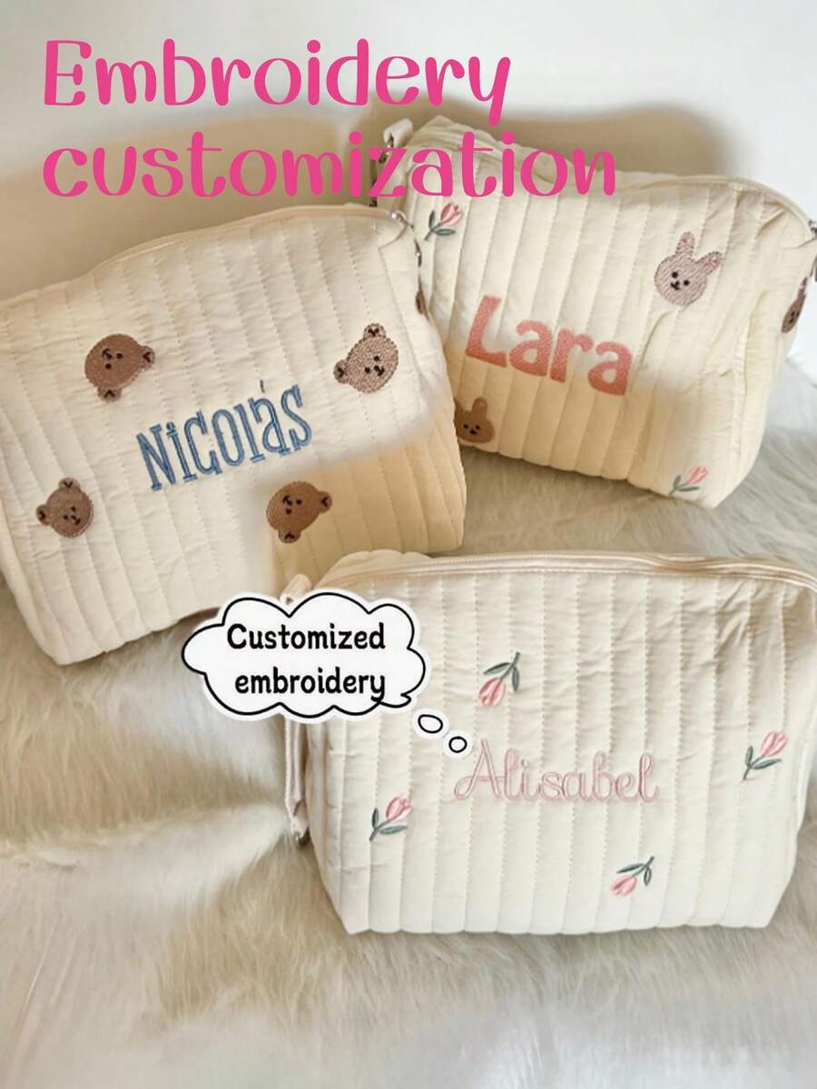 Personalized Large Capacity Custom Embroidery Mommy Bag, Cute Bear Pattern Diaper Bottle Carrier Tote With Stroller Hook For New Moms - Multicolor - View 1