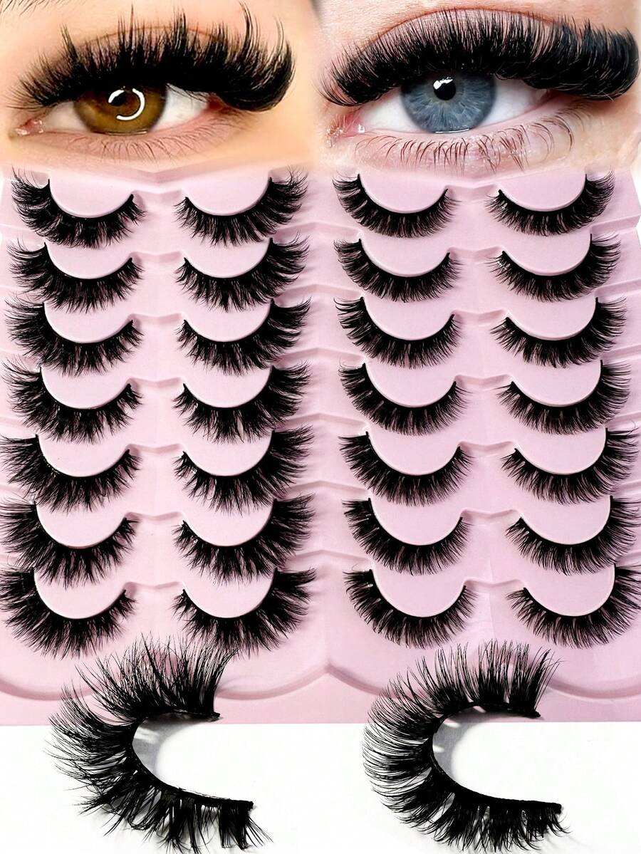 LYBCG 14pairs Mix 2 Different Styles Cat Eye Lashes Fluffy Mink Lashes Short Messy Wispy Natural Eyelashes 9mm-16mm Hamdmade 3D Mink Eyelashes Makeup Halloween Cosplay Manga False Lashes - 黑色 - 查看 1