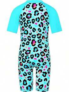 TFJH E Short Sleeve Swimsuits 50+ One Pieces Bathing Suits Zipper 2-14Y - A3 Blue Leopard - View 2