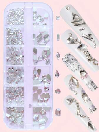 Caja de set de decoración de diamantes multicolor para arte de uñas, 12 rejillas con diamantes irregulares y de fondo plano, en colores AB, para manualidades y belleza