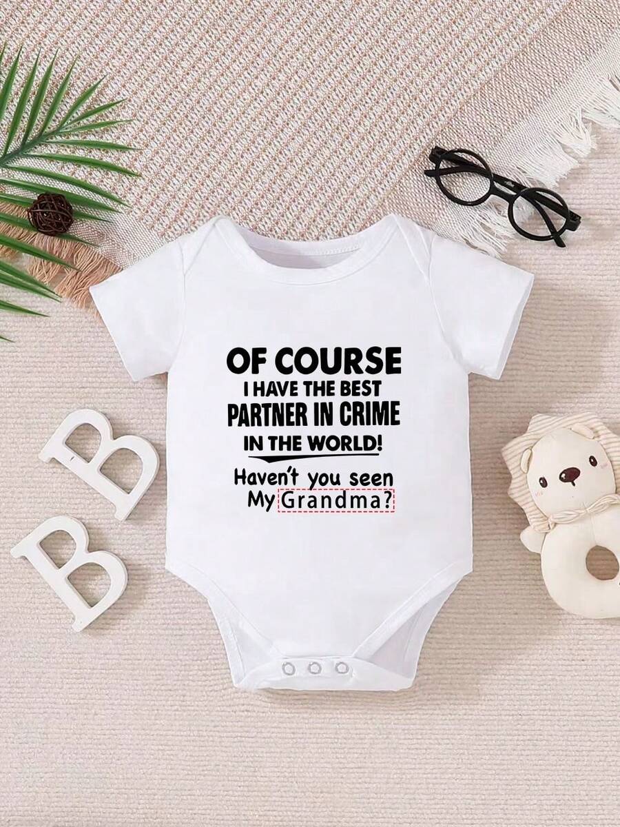 [Customized] Customized Short Sleeve Bodysuit With Name, Personalized Text, Round Neck Short Sleeve Baby Girl Casual Jumpsuit For Toddlers, Machine Washable - White - View 1