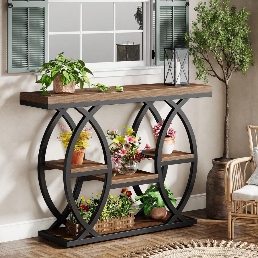 LITTLE TREE 39.4" Plant Stand Indoor, 4-Tier Plant Shelf For Multiple Plants, Wood Plant Rack Flower Holder For Living Room, Garden, Balcony - 棕色+黑色 - 查看 1