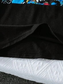 Conjunto de 2 piezas de niños de 4 a 7 años con estampado de dibujos animados, incluyendo blusa de manga corta linda + pantalones cortos casuales, conjunto deportivo de moda - Negro - Ver 8
