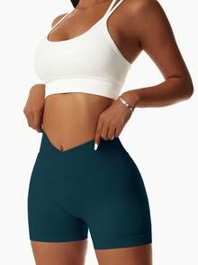 Solid Ribbed V-Waist Scrunch Butt Lifting Yoga Shorts - Seamless High Stretch Tummy Control Workout Biker Shorts For Summer Fitness,Athletic Gym Booty Shorts For Sports & Activewear - 墨綠色 - 查看 5