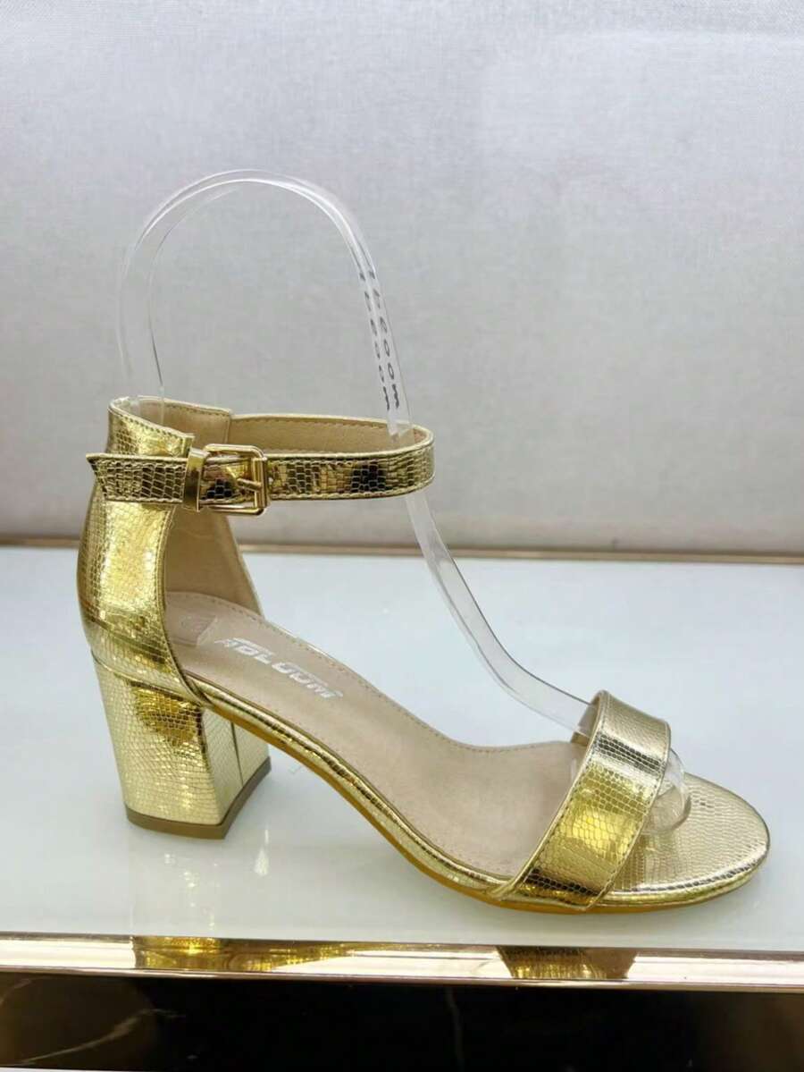 Solid Color Strap Casual Versatile Fashion High Heel Sandals - Gold - View 1