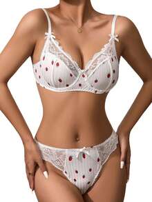 Women's Erotic Naughty Lingerie Sets Strawberry Print Lace Trim Bra And Low Waist Thong - White - View 7