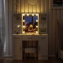 Dressing Table Stool Set Makeup Mirror LED Light Vanity Desk 3 Drawer - Makeup Desk Vanity Set For Bedroom - White