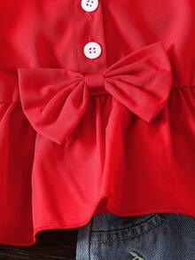 2pcs/Set Baby Girls' 3D Bow Vest And Embroidered Cherry Denim Shorts, Casual Versatile Daily Outfit, Holiday Wear - Multicolor - View 5