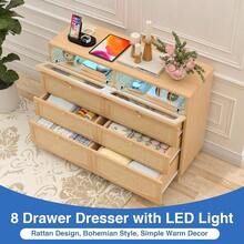 Rattan Dresser For Bedroom With 8 Drawers, Wood Dresser With Charging Station & Led Lights, Boho Dressers & Chests Of Drawers - Multicolor - View 5