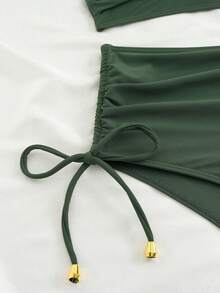 新款性感高腰交叉绑带比基尼套装，金属吊坠装饰，可调节抽绳，修饰腹部线条，适合度假海滩夏季穿着 - 軍綠色 - 查看 6