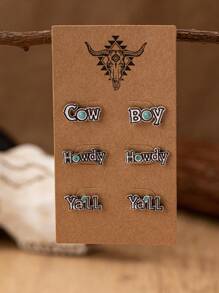 Set de 3 pares de pendientes tipo macho con cabeza de vaca, decorados con piedra de turquesa azul, en estilo occidental