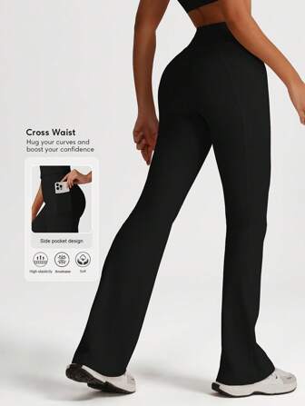 Sodalemon Kvinnor Enfärgade Korsmidja Casual Utomhusträning Fitness Gym Sidofickor Yoga Sport Flare Byxor