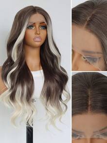 150 密度 24 英寸米棕色渐变铂金色长波浪合成蕾丝前假发预拔臭鼬条纹挑染白金色灰棕色无胶 13x4 女士蕾丝前假发 - 間色 - 查看 4