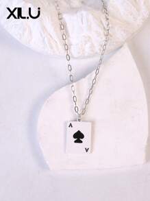 1pc Poker Card & Turquoise Enamel Pendant Necklace For Women, European & American Design